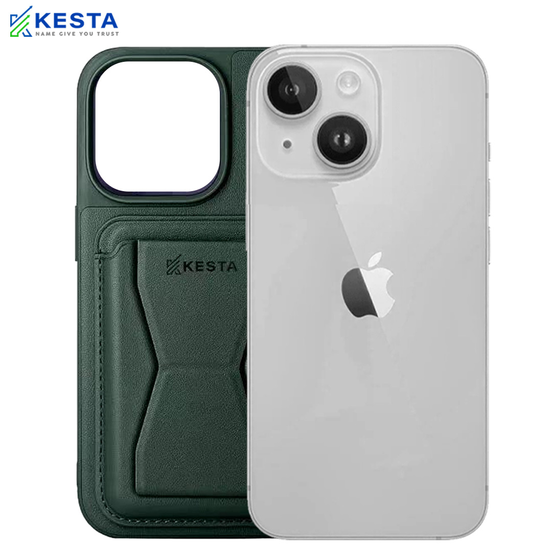 iPhone 15 Plus Cover - Cred Green Leather Case (With Card Holder)