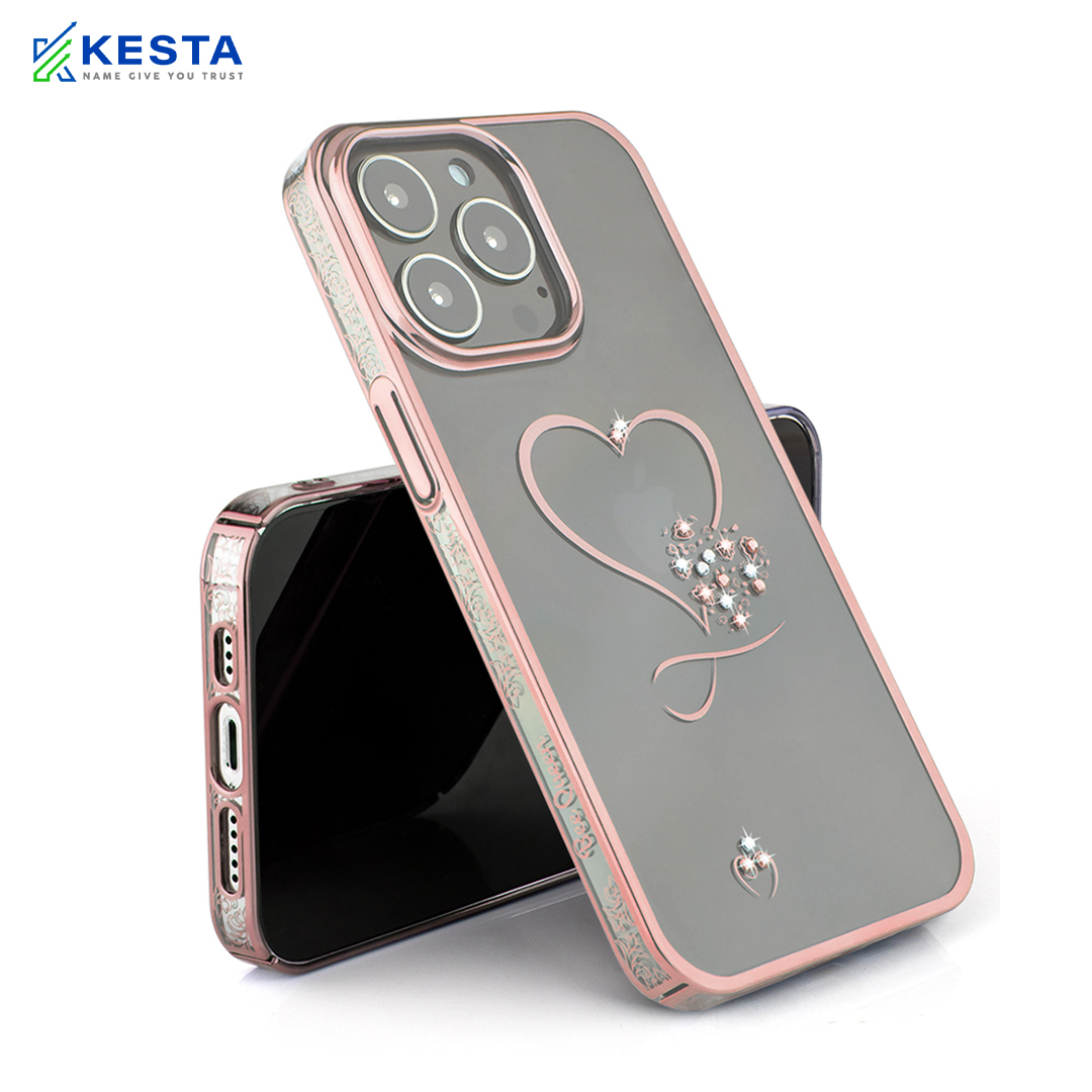iPhone 14 Pro Cover - Bling Heart Cloud Gold Transparent Case (Unique Frame Pattern)