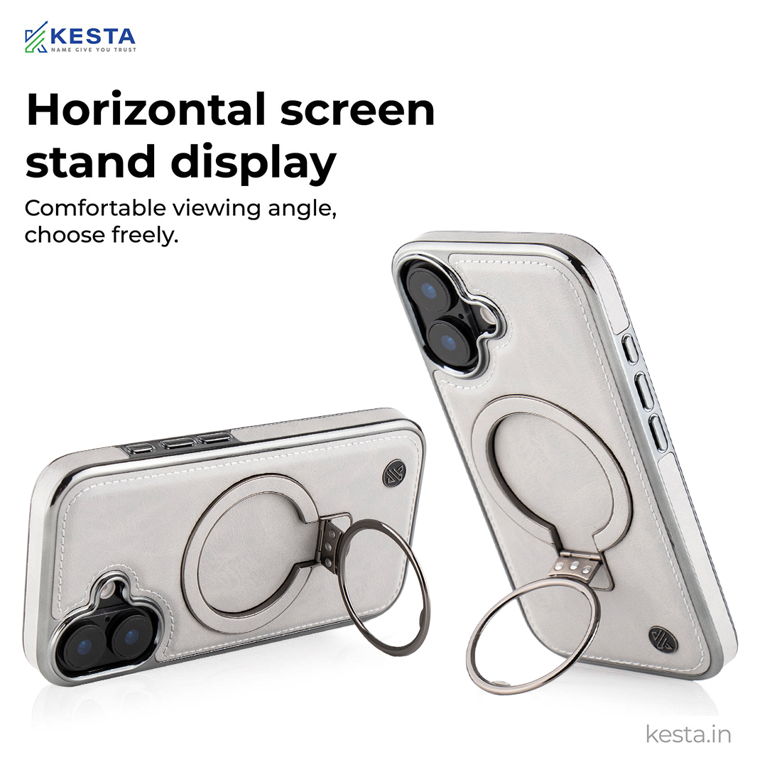 iPhone 17 Cover - Classy Elite Gray Leather Case (Built-In Magnetic Ring Holder)