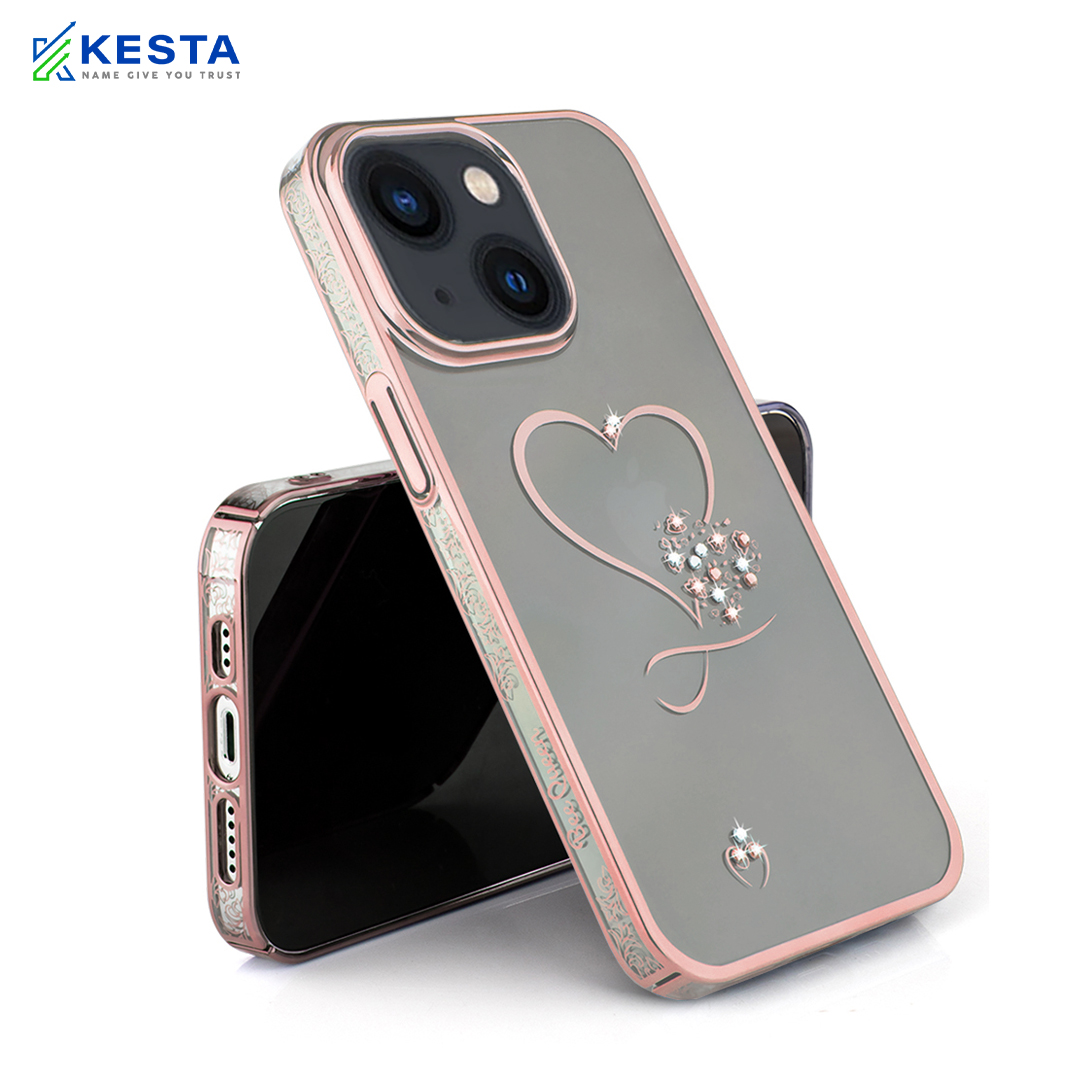 iPhone 14 Plus Cover - Bling Heart Cloud Gold Transparent Case (Unique Frame Pattern)