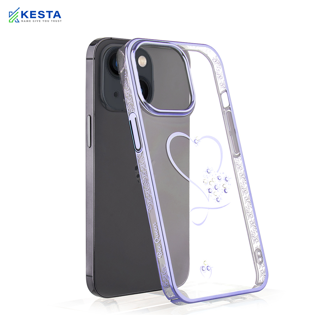 iPhone 14 Cover - Bling Heart Purple Transparent Case (Unique Frame Pattern)