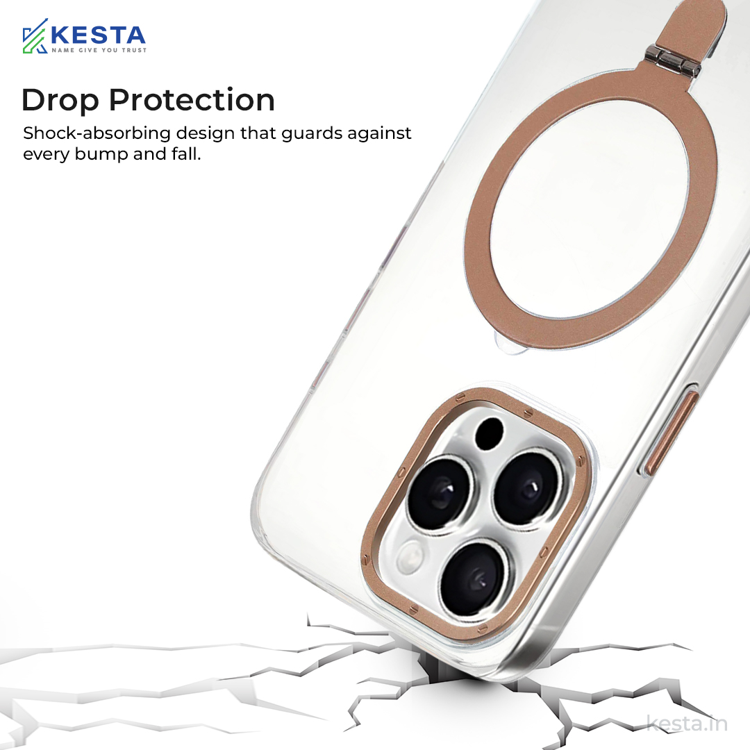 iPhone 16 Pro Max cover - Crystal Bracket Magnetic Gold Transparent Case (Built-in Bracket Stand Strong Magnetic Ring)