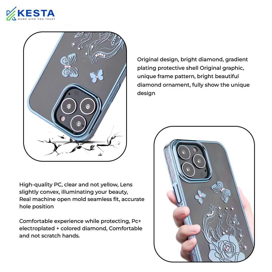 iPhone 13 Pro Max Cover - Bling Flower Blue Transparent Case (Stylish And Fashion Forward)