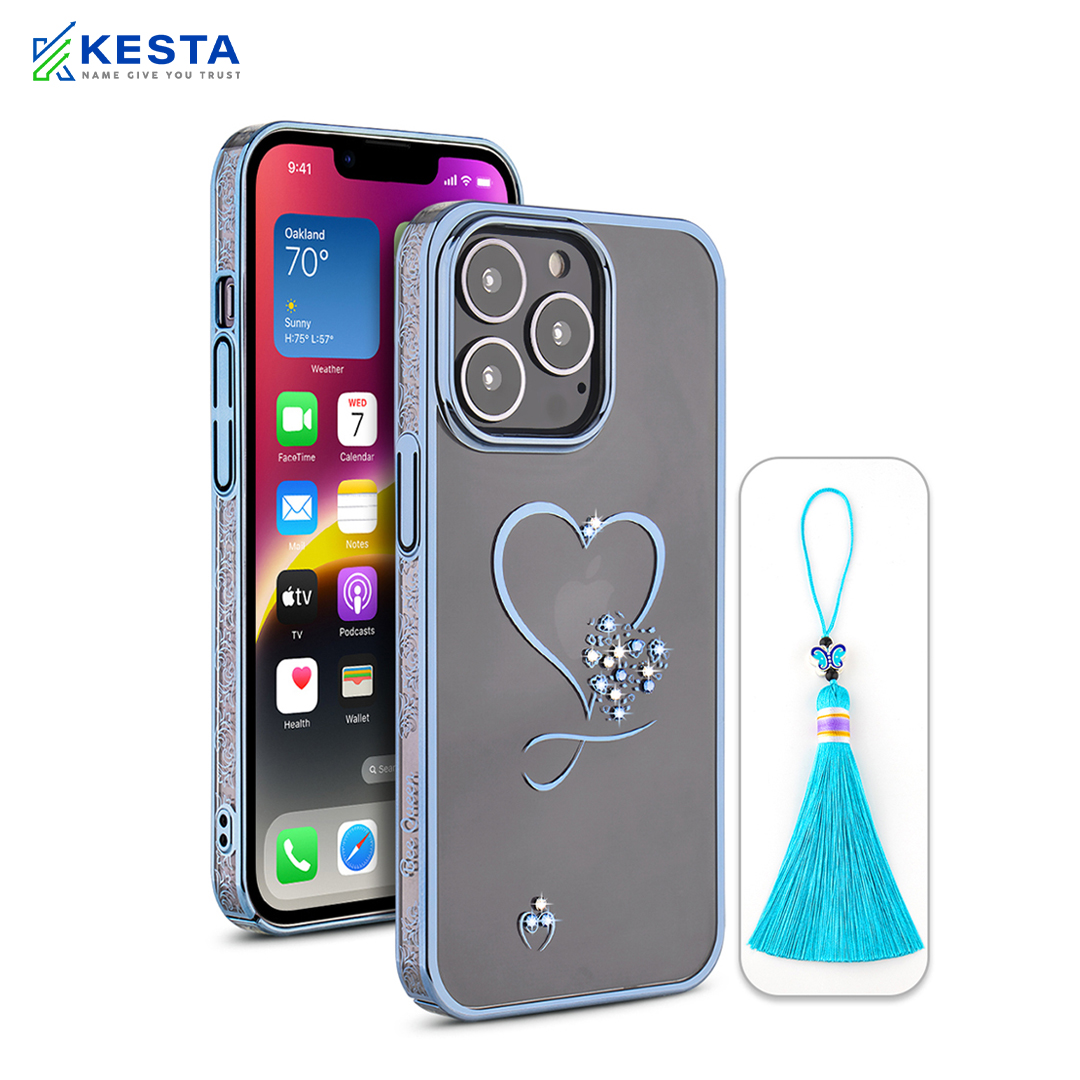 iPhone 13 Pro Max Cover - Bling Heart Blue Transparent Case (Unique Frame Pattern)