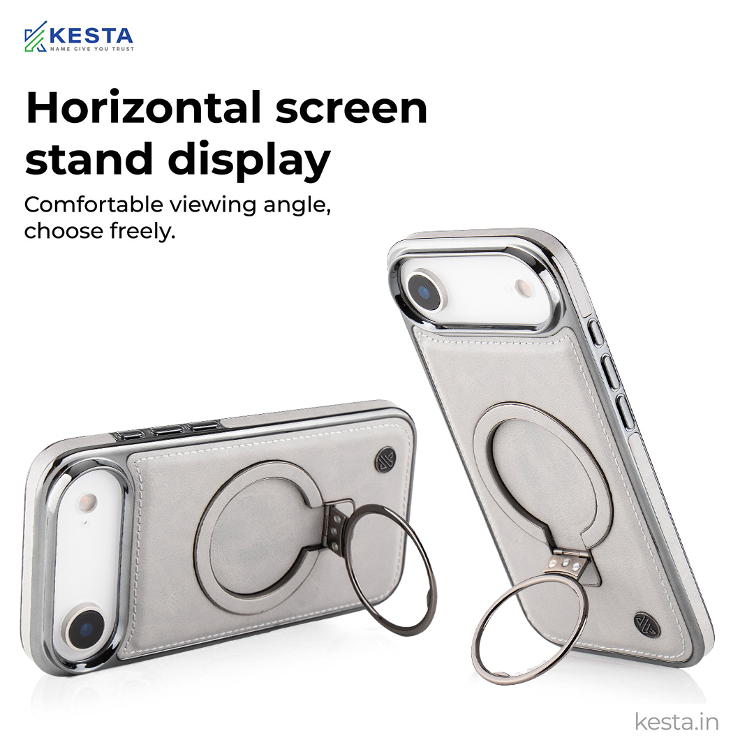 iPhone 17 Air Cover - Classy Elite Gray Leather Case (Built-In Magnetic Ring Holder)