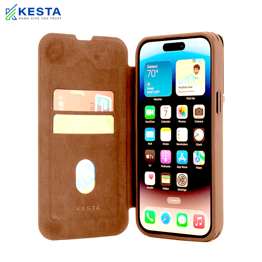 iPhone 15 Pro Flip Cover - Elegant Flip Brown Leather Case (Handcrafted Excellence with a Luxurious Feel)