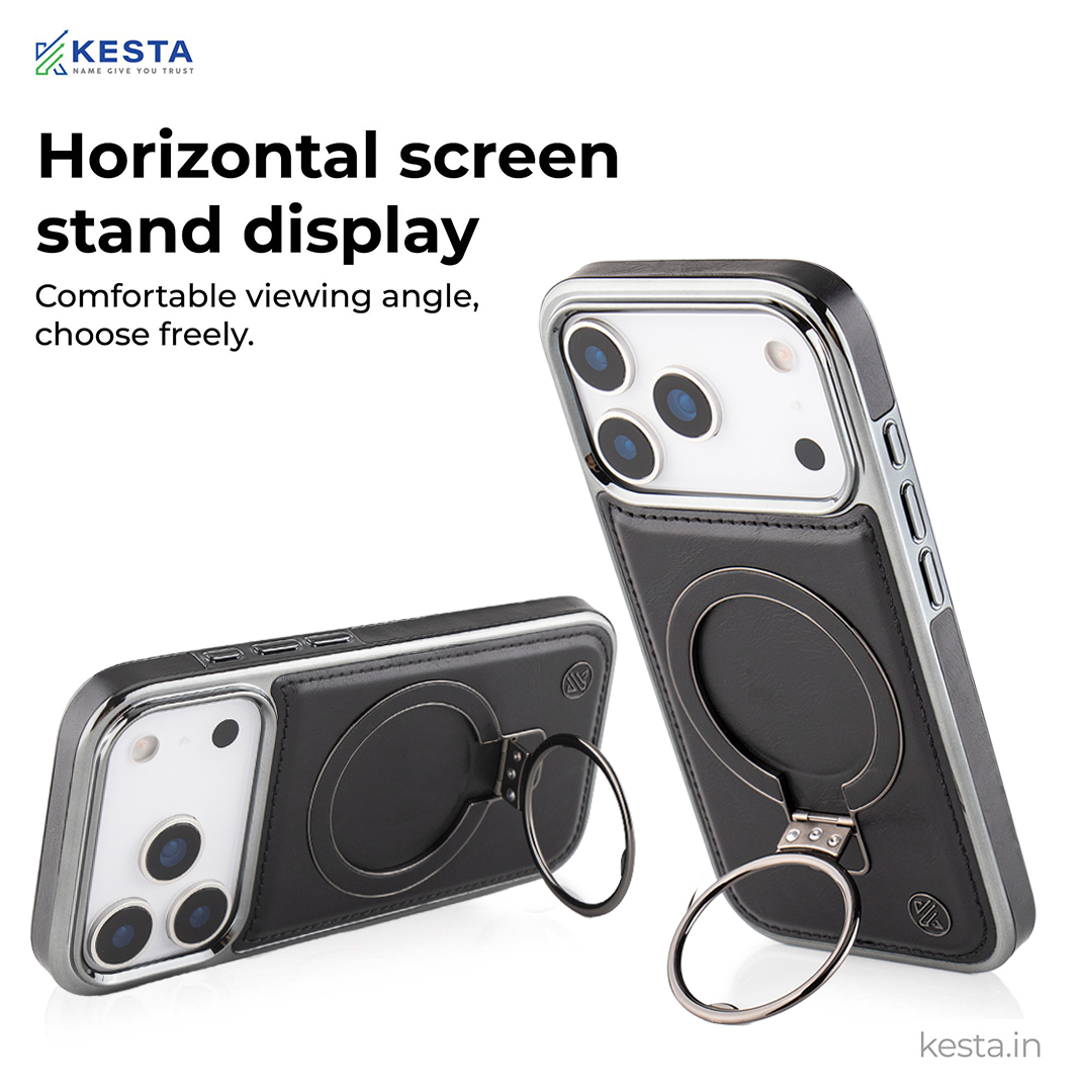 iPhone 17 Pro Cover - Classy Elite Black Leather Case (Built-In Magnetic Ring Holder)