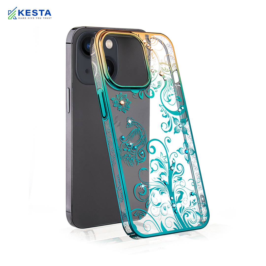 iPhone 14 Cover - Peacock Glitter Green Transparent Diamond Case (Protective Gradient Plating)