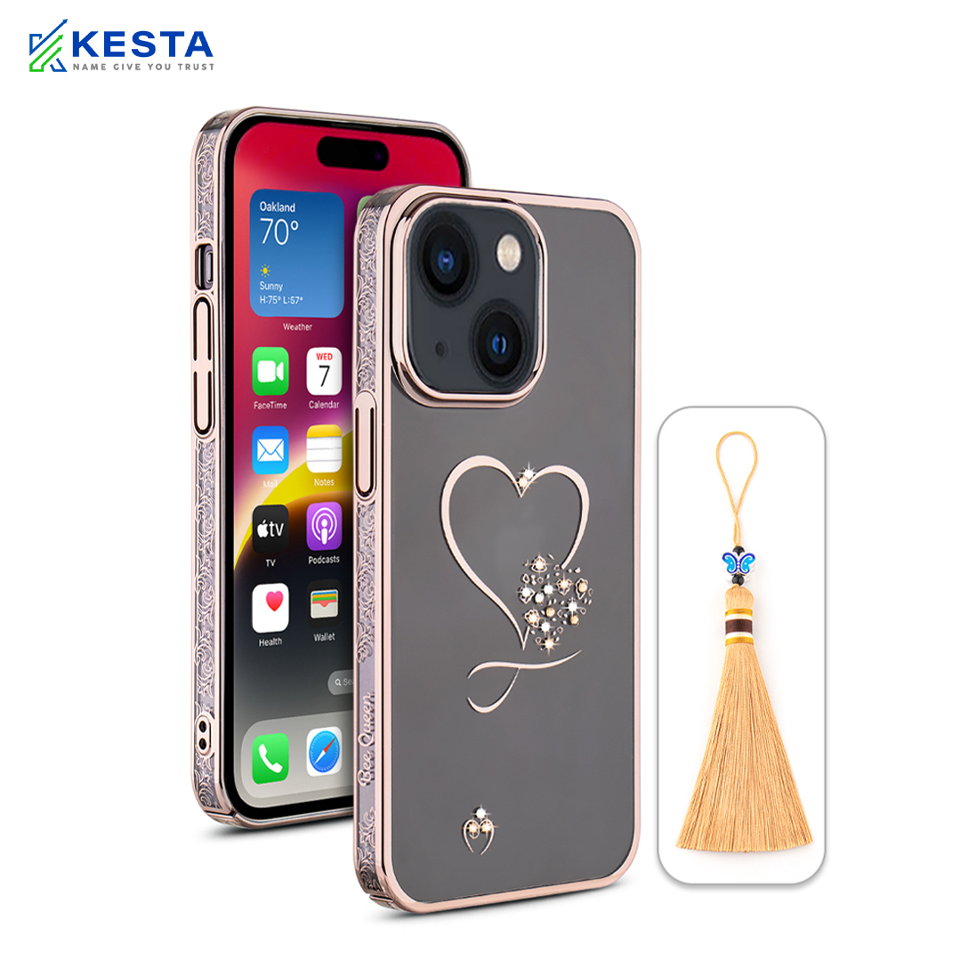 iPhone 15 Cover - Bling Heart Cloud Gold Transparent Case