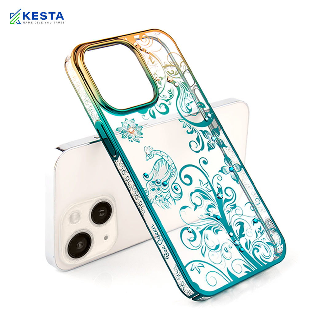 iPhone 14 Cover - Peacock Glitter Green Transparent Diamond Case (Protective Gradient Plating)