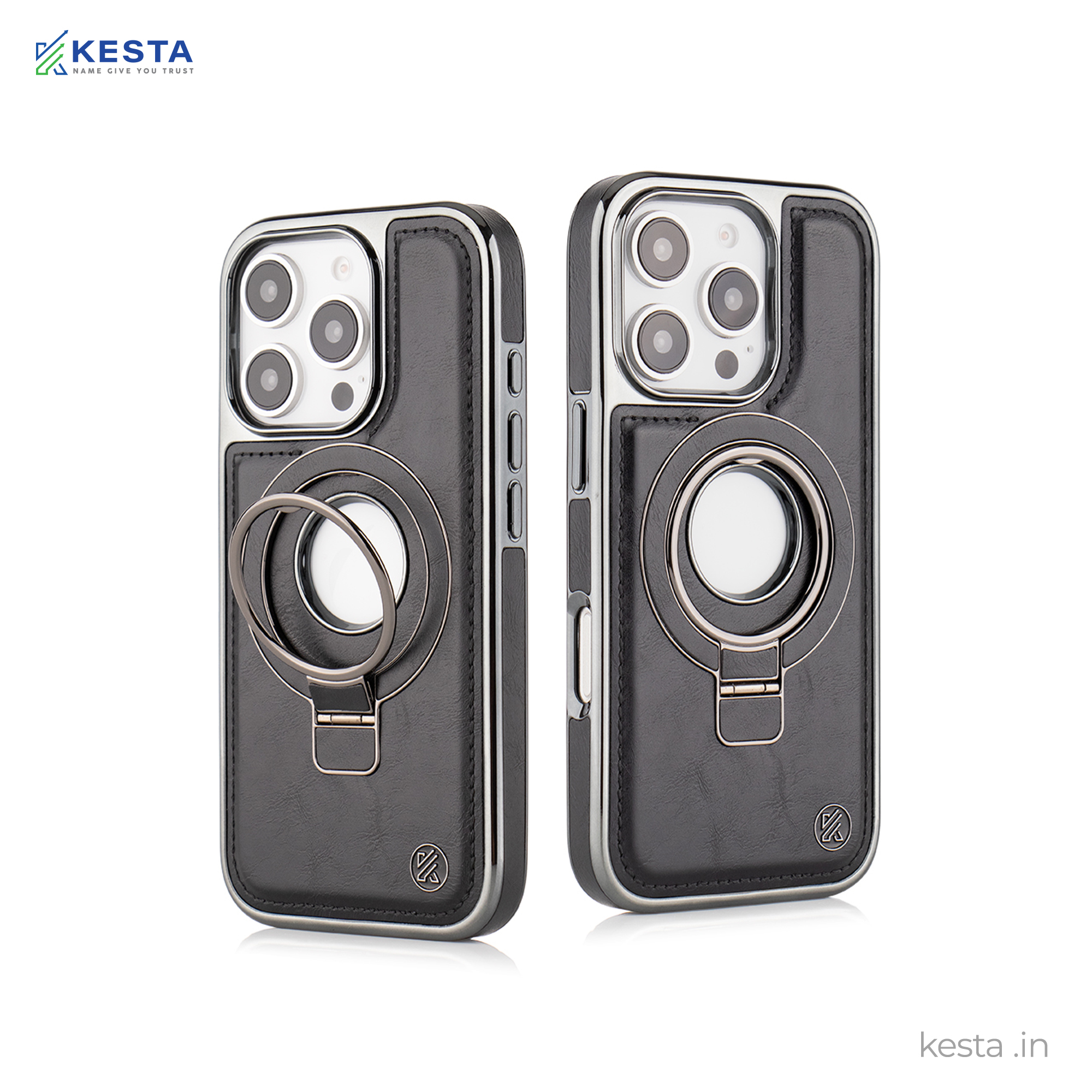 iPhone 16 Pro Cover - Classy Elite Black Leather Case (Built-In Magnetic Ring Holder)