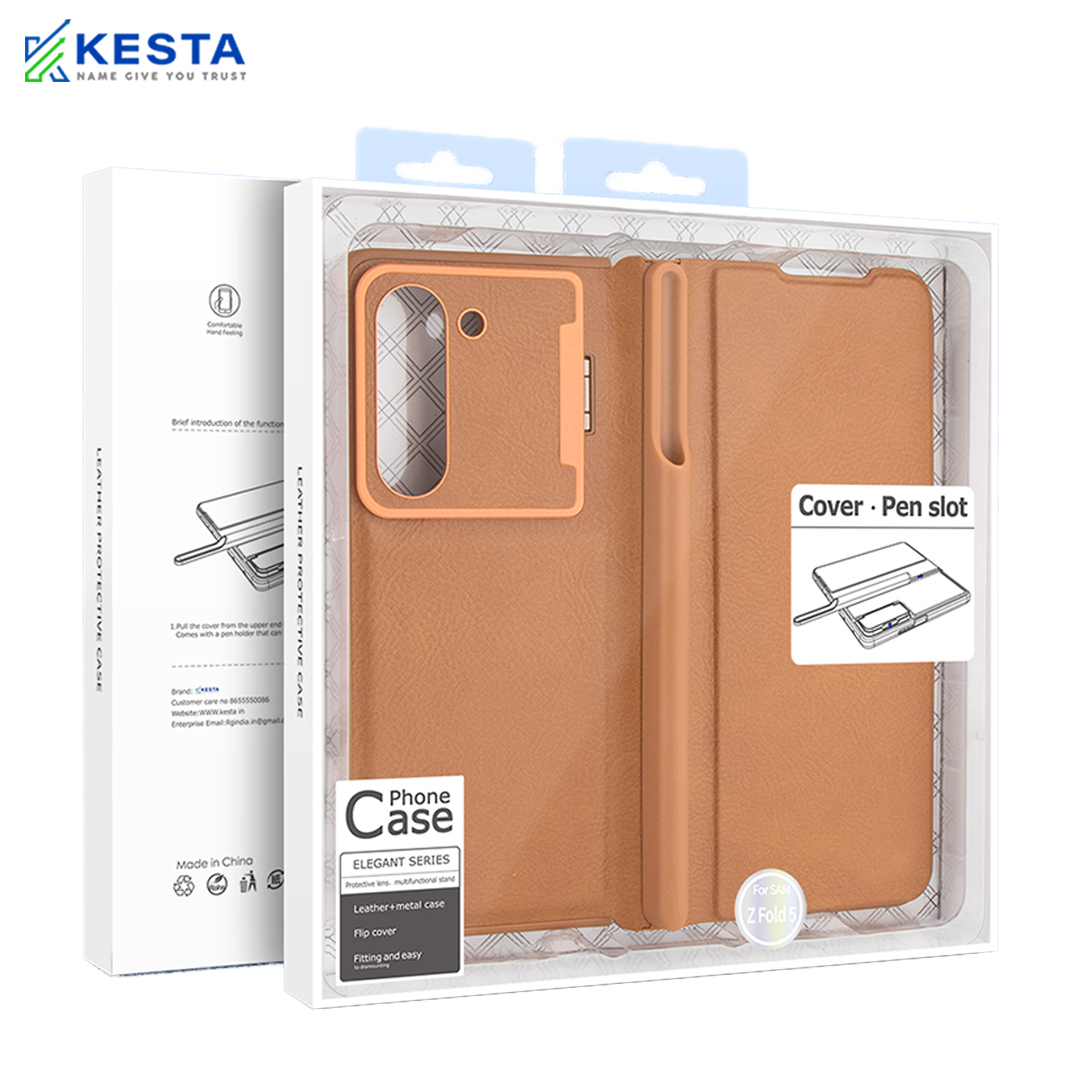 Samsung Z Fold 4 Cover - Elegant Flip Brown Leather Case (With S Pen Holder)