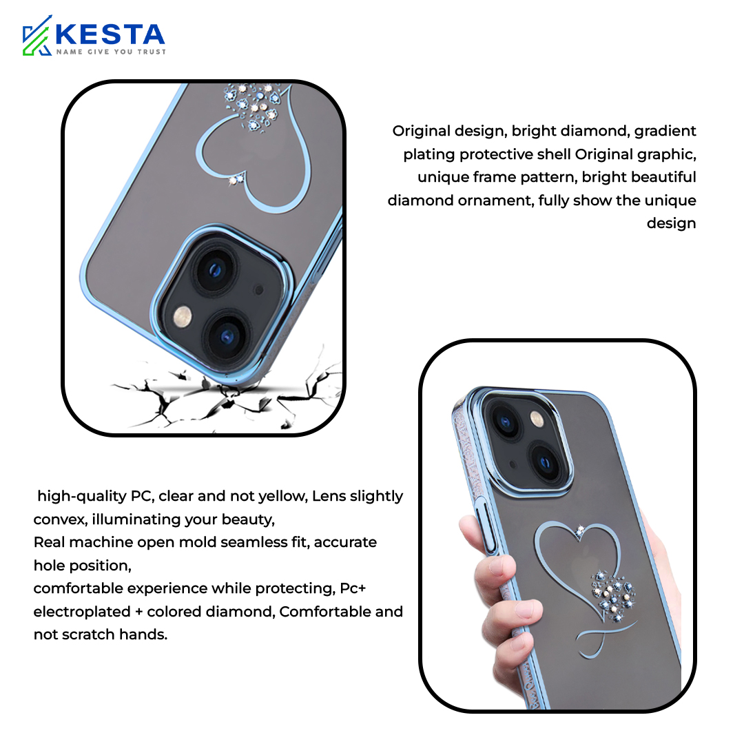 iPhone 15 Cover - Bling Heart Blue Transparent Case (Unique Frame Pattern)