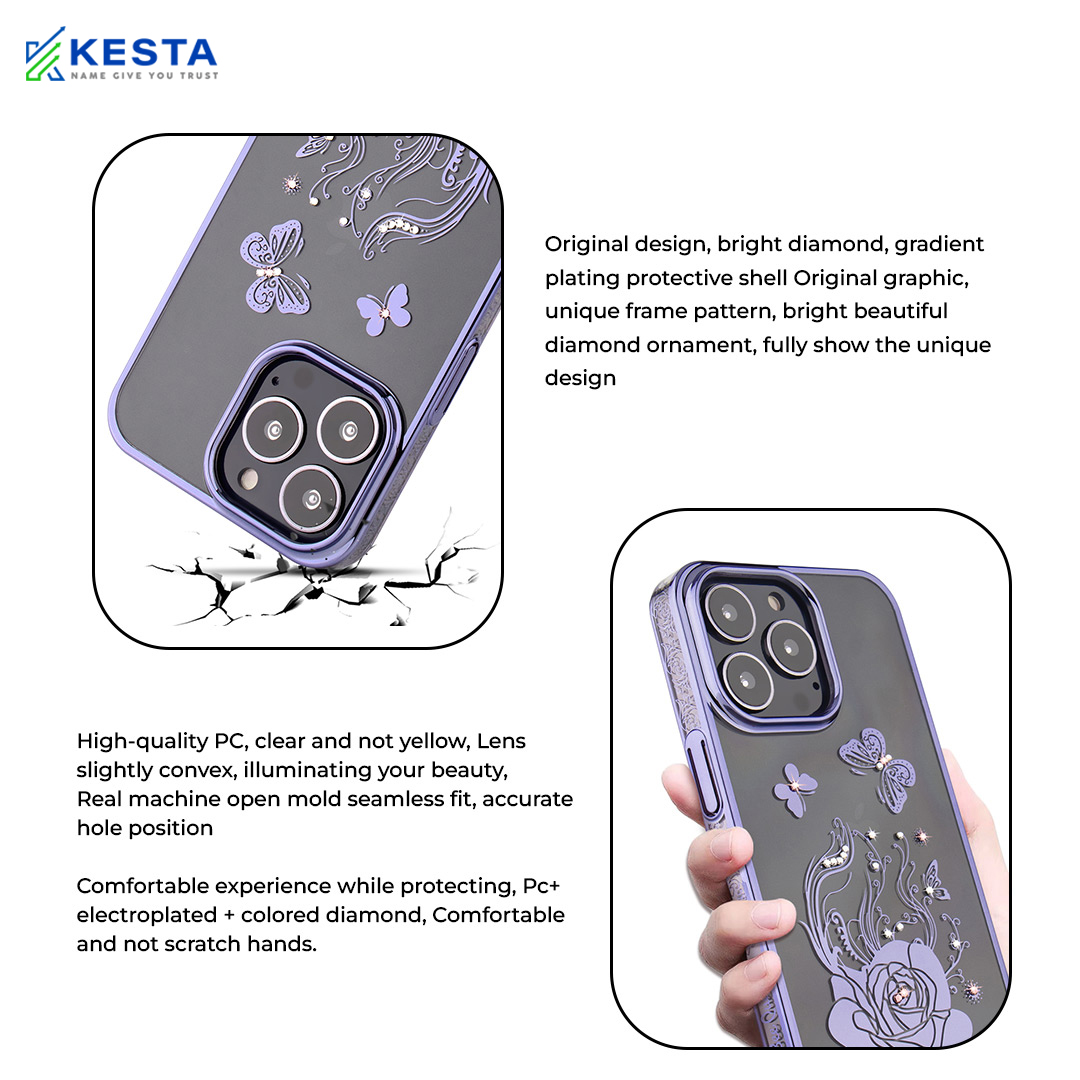 iPhone 14 Pro Cover - Bling Flower Purple Transparent Case (Diamond Ornament)