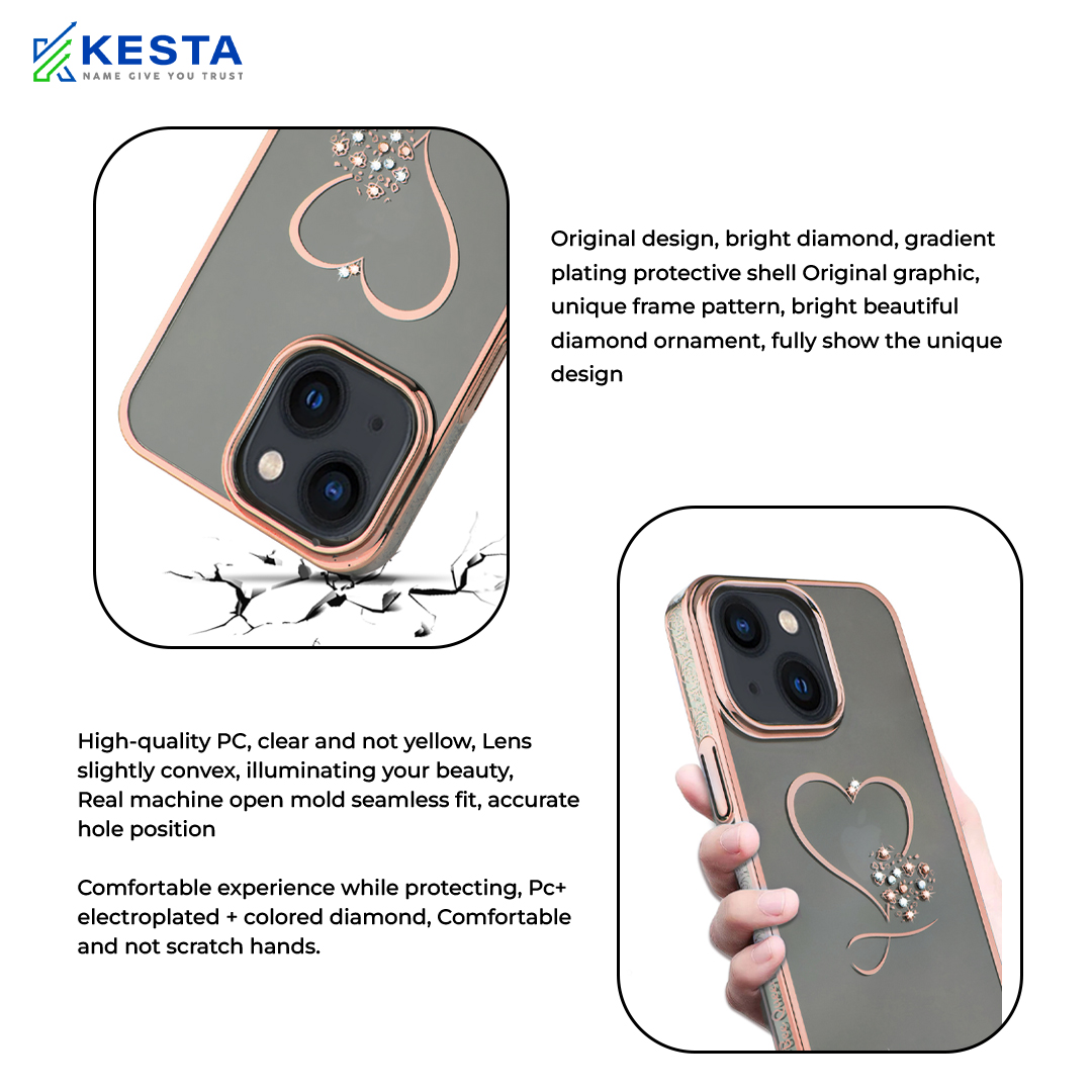 iPhone 15 Plus Cover - Bling Heart Cloud Gold Transparent Case (Unique Frame Pattern)