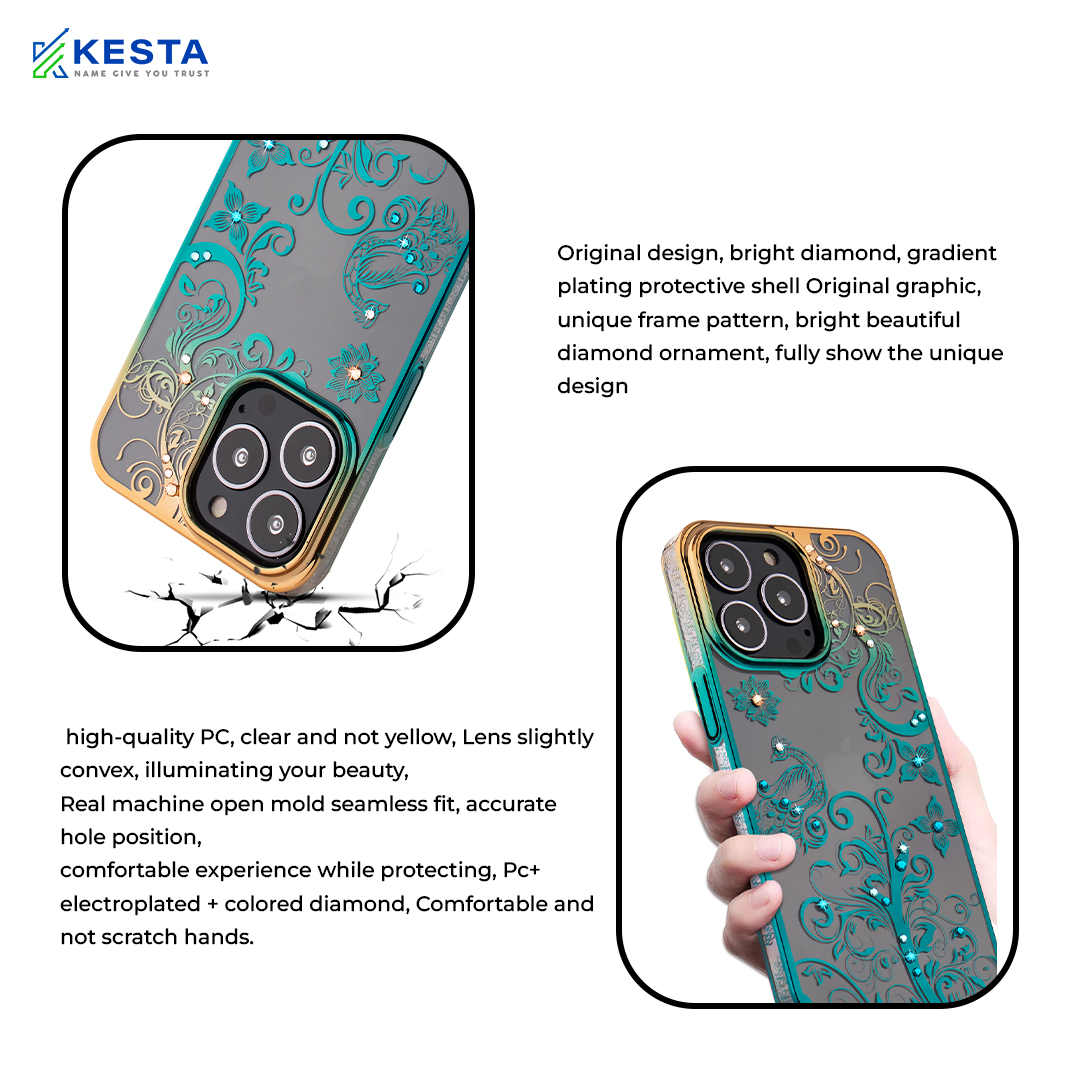 iPhone 13 Pro Cover - Peacock Glitter Green Transparent Diamond Case (Protective Gradient Plating)