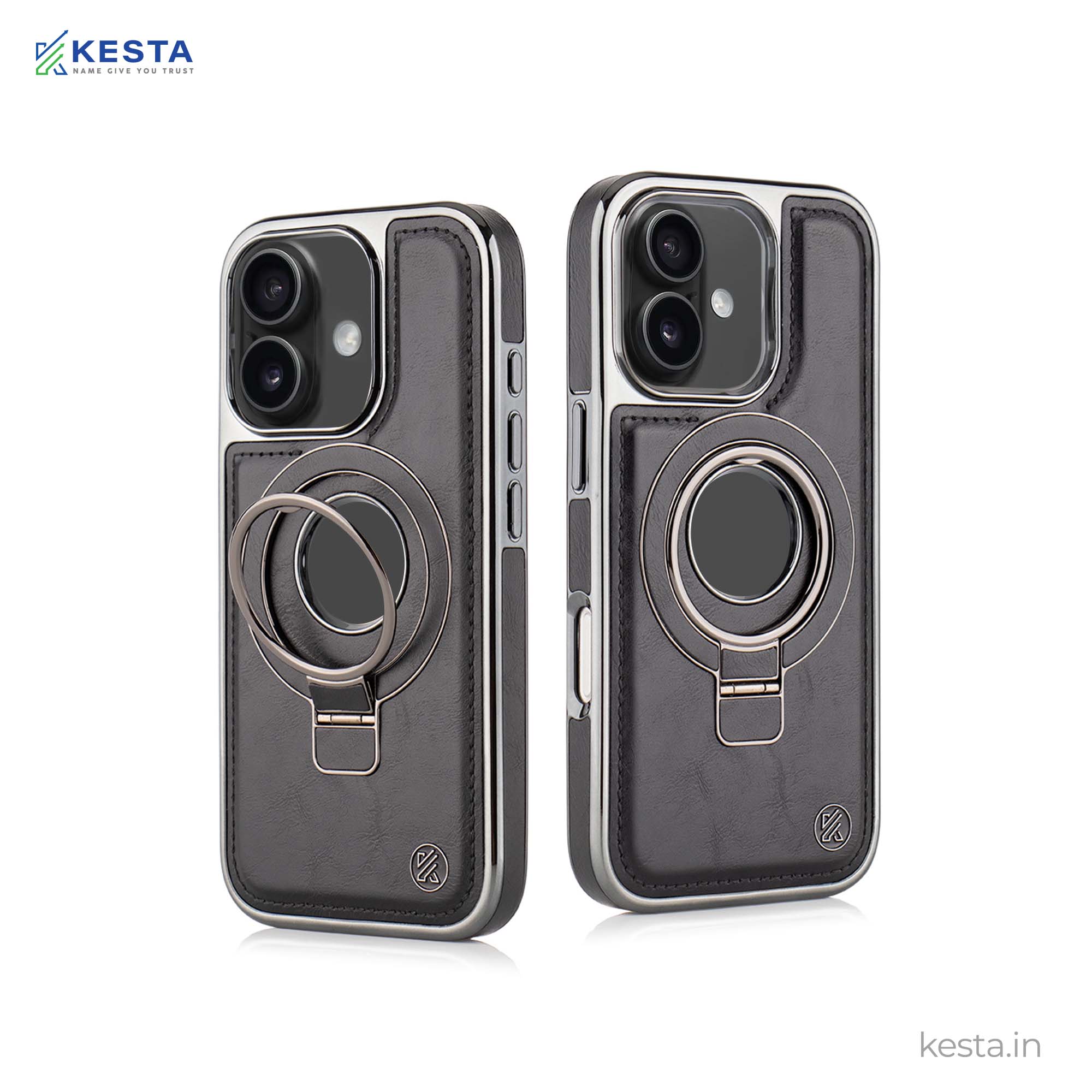 iPhone 16 Plus Cover - Classy Elite Black Leather Case (Built-In Magnetic Ring Holder)