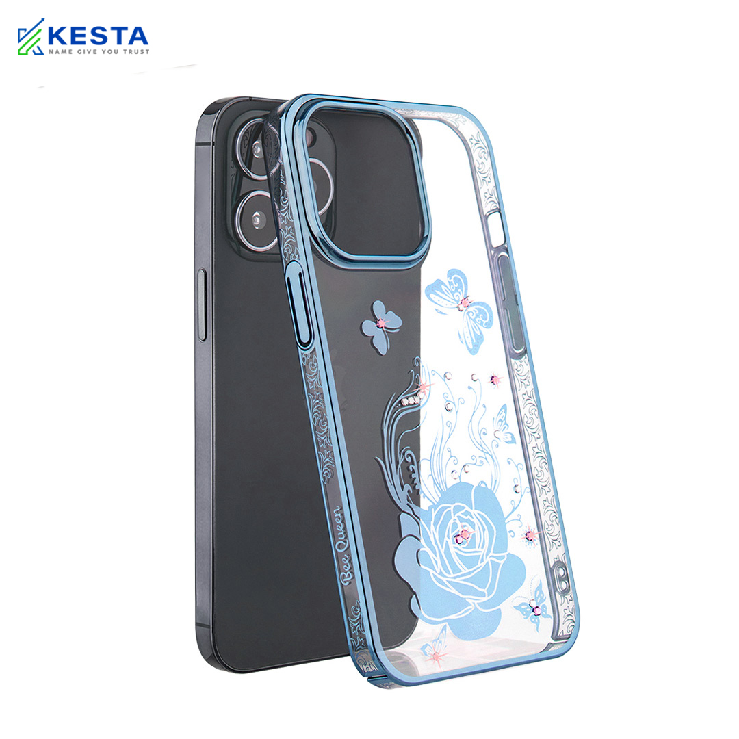 iPhone 13 Pro Max Cover - Bling Flower Blue Transparent Case (Stylish And Fashion Forward)