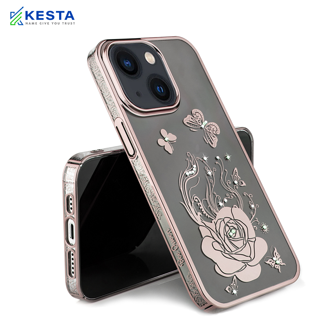 iPhone 14 Plus Cover - Bling Flower Cloud Gold Transparent Case (Diamond Ornament)