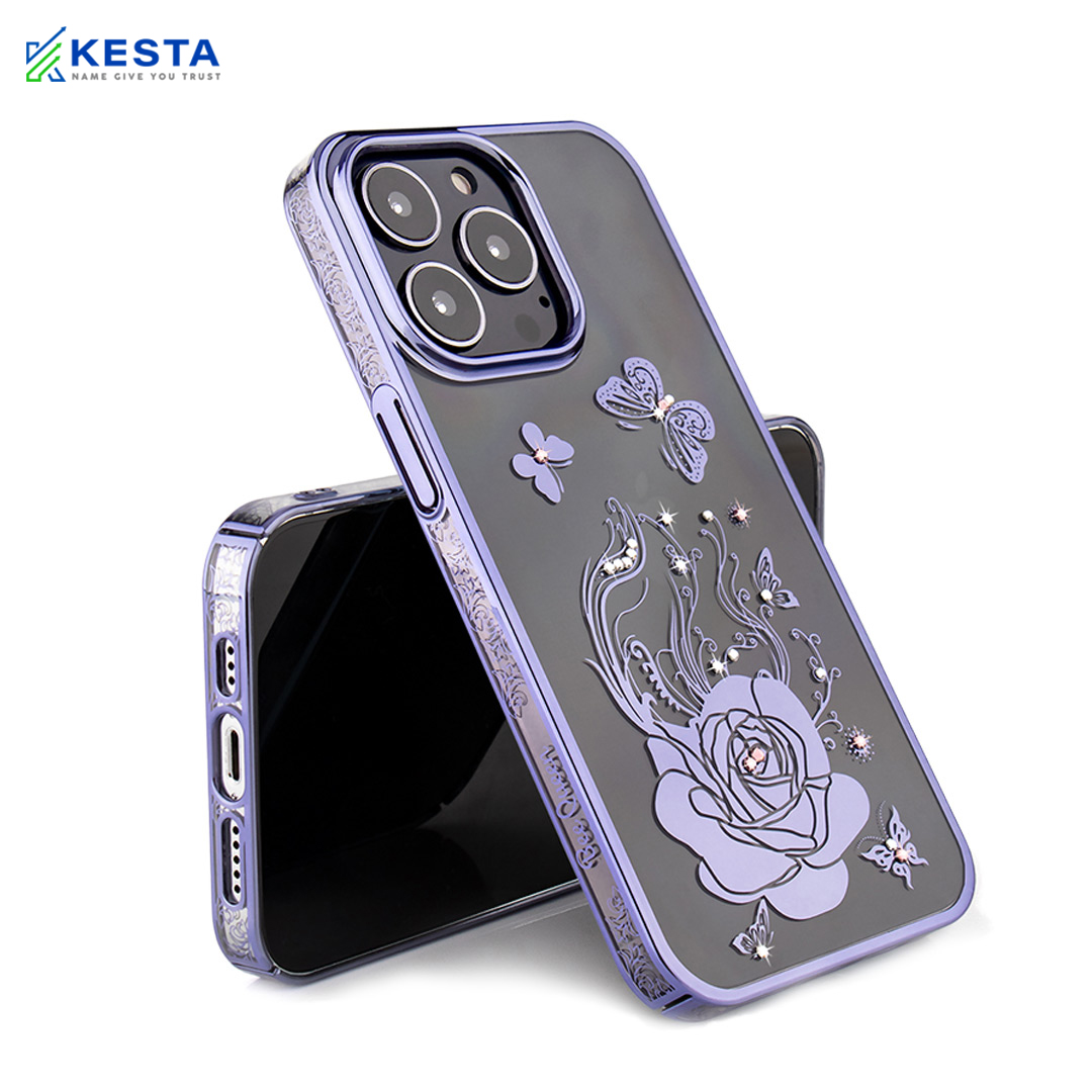iPhone 14 Pro Cover - Bling Flower Purple Transparent Case (Diamond Ornament)