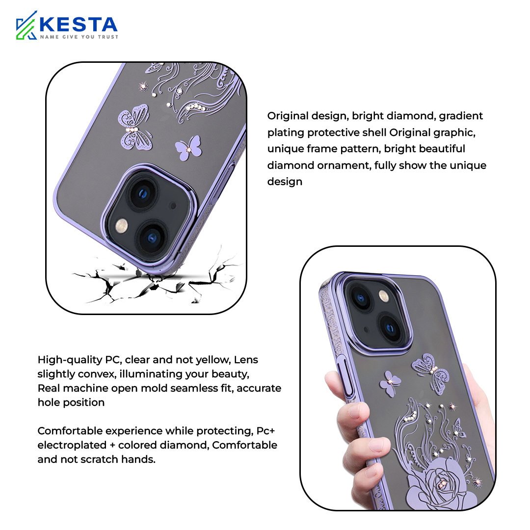 iPhone 14 Cover - Bling Flower Purple Transparent Case (Unique Design)