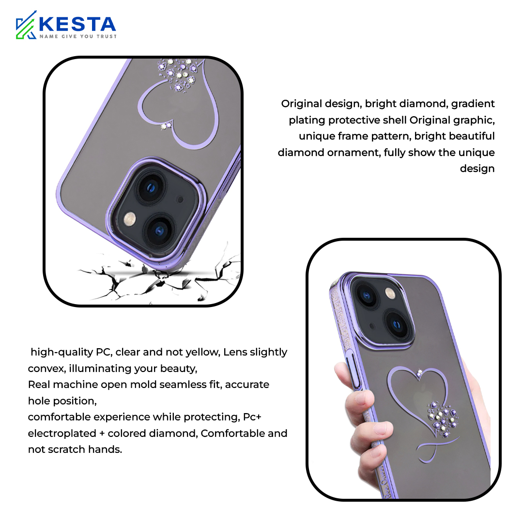 iPhone 14 Cover - Bling Heart Purple Transparent Case (Unique Frame Pattern)