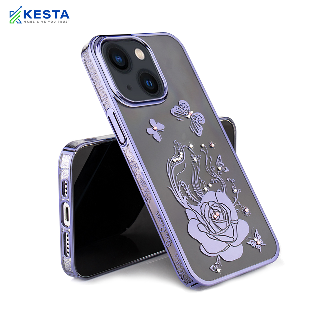 iPhone 14 Cover - Bling Flower Purple Transparent Case (Unique Design)