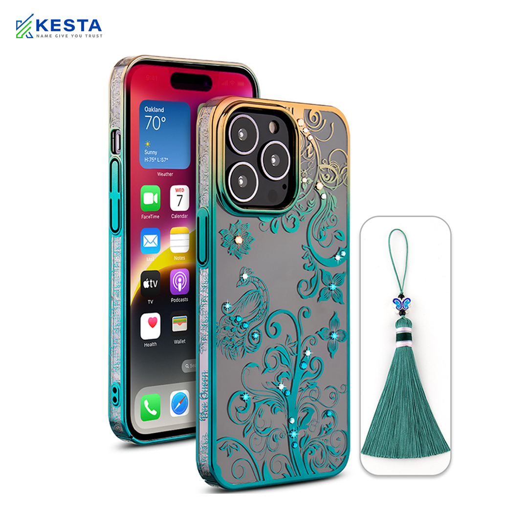 iPhone 13 Pro Cover - Peacock Glitter Green Transparent Diamond Case (Protective Gradient Plating)