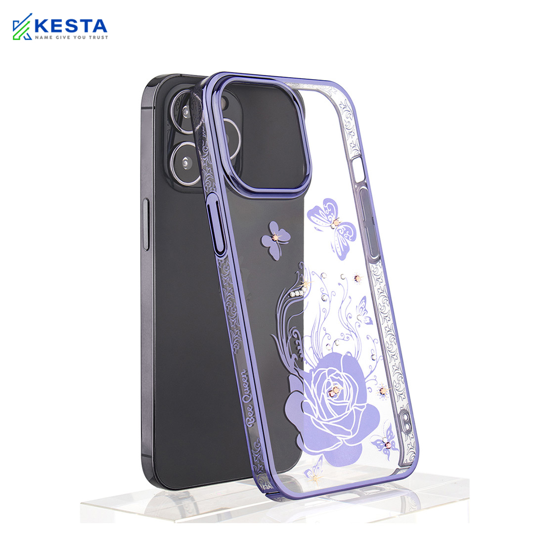 iPhone 14 Pro Cover - Bling Flower Purple Transparent Case (Diamond Ornament)