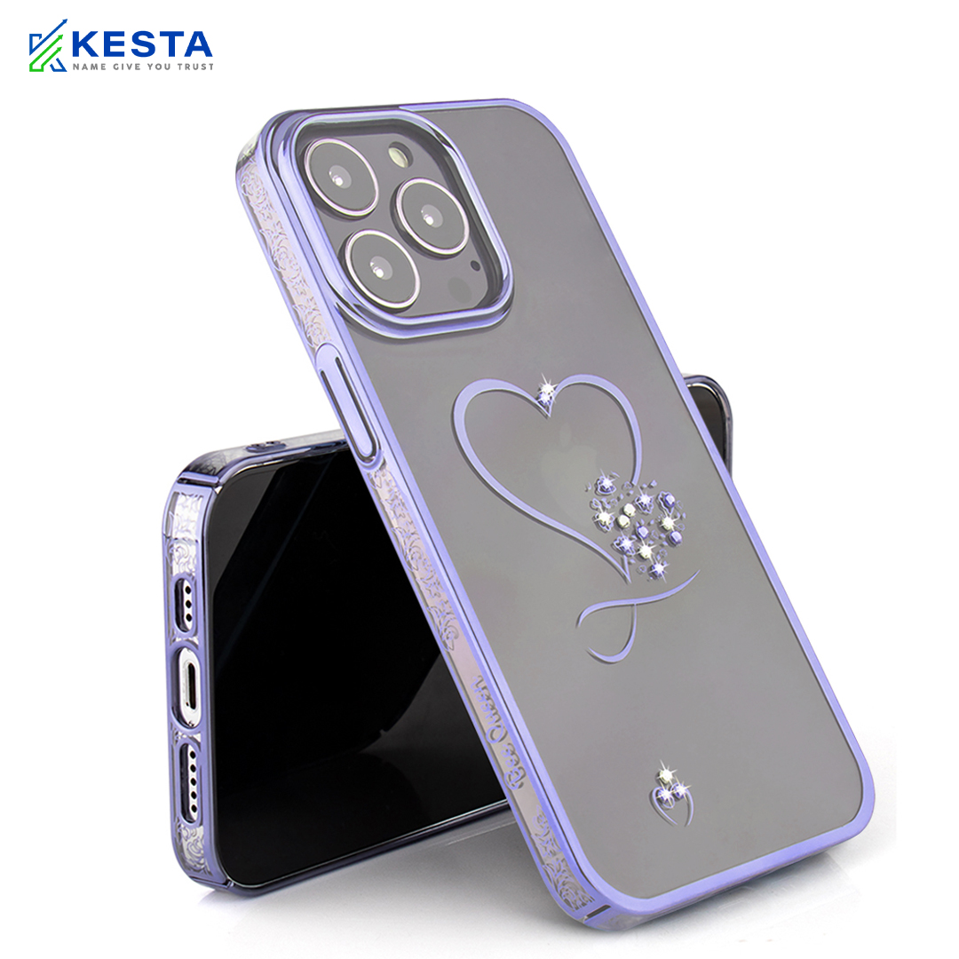 iPhone 13 Pro Max Cover - Bling Heart Purple Transparent Case