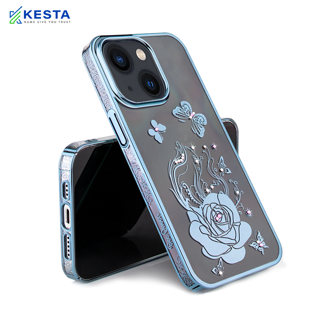 iPhone 14 Plus Cover - Bling Flower Blue Transparent Case (Diamond Ornament)