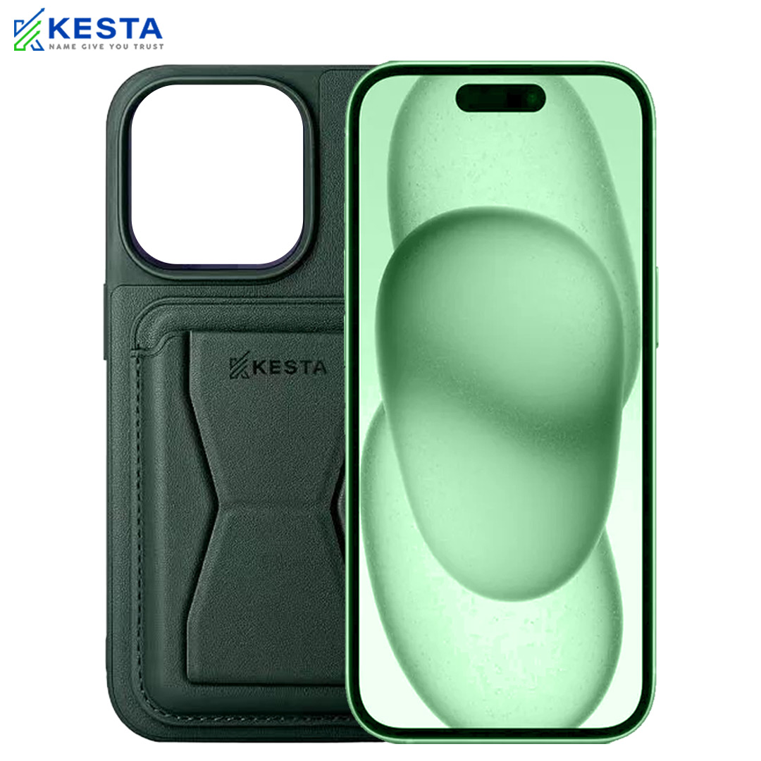 iPhone 15 Plus Cover - Cred Green Leather Case (With Card Holder)