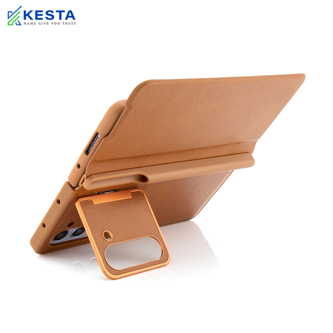 Samsung Z Fold 4 Cover - Elegant Flip Brown Leather Case (With S Pen Holder)