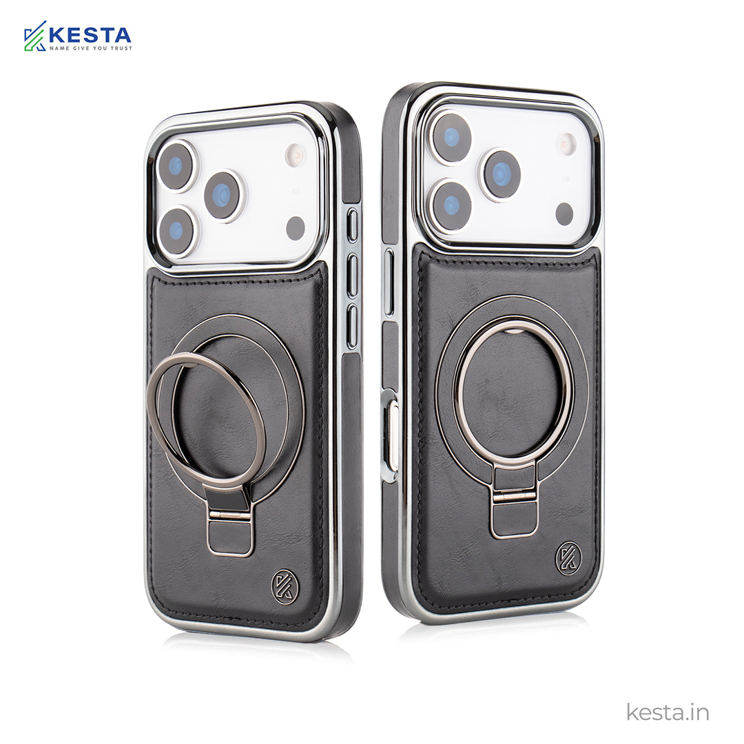 iPhone 17 Pro Cover - Classy Elite Black Leather Case (Built-In Magnetic Ring Holder)