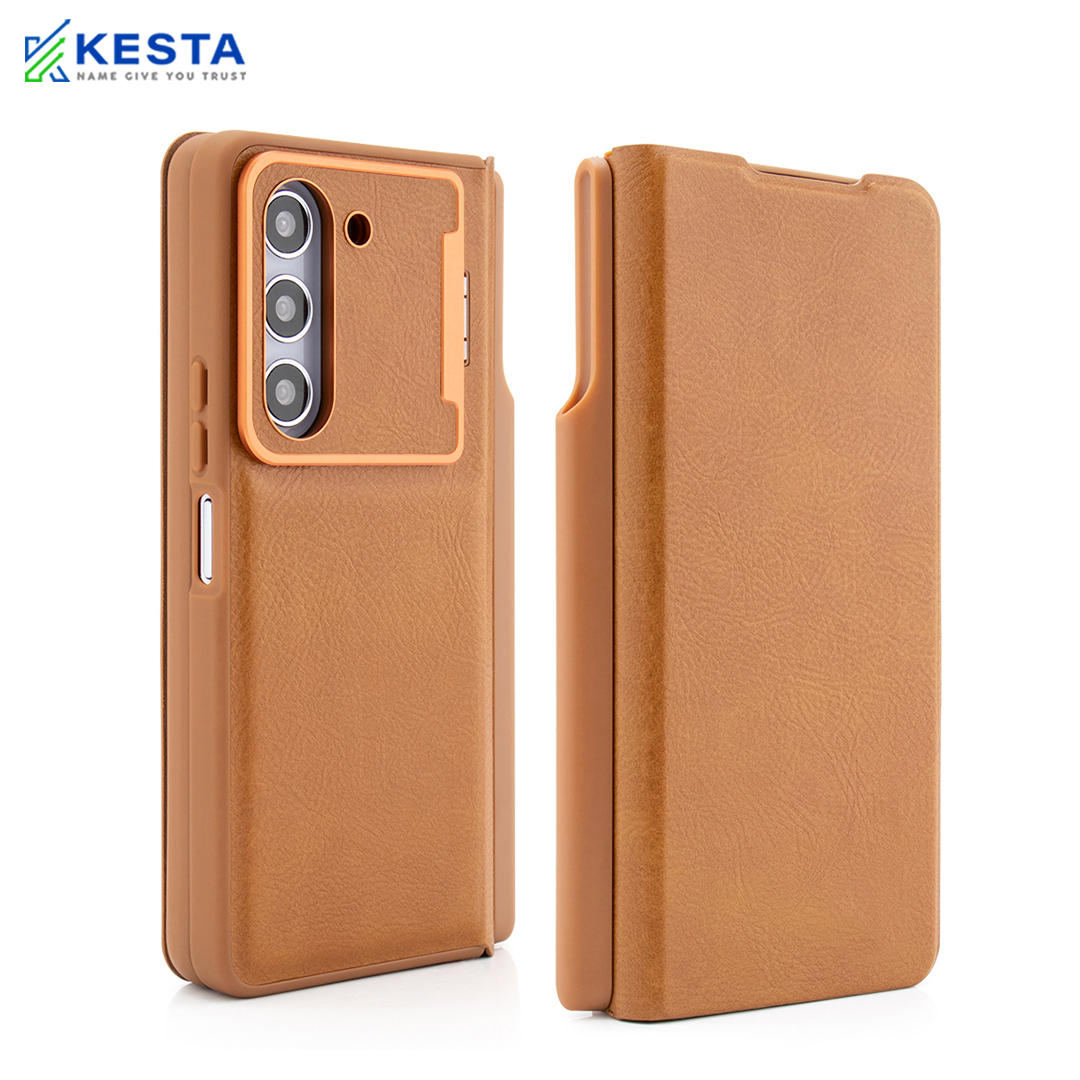 Samsung Z Fold 4 Cover - Elegant Flip Brown Leather Case (With S Pen Holder)
