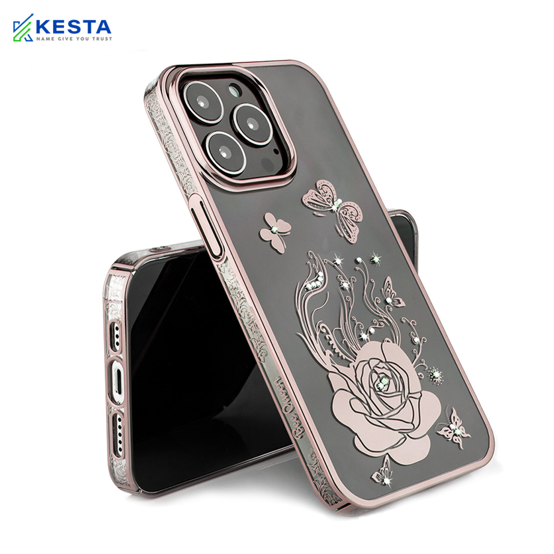 iPhone 14 Pro Max Cover - Bling Flower Cloud Gold Transparent Case (Unique Design)