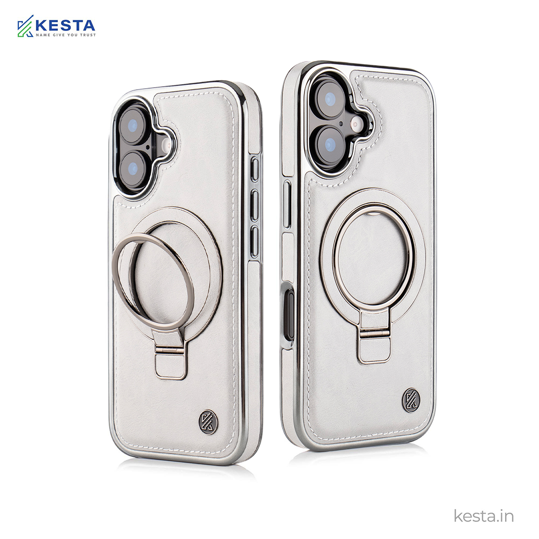 iPhone 17 Cover - Classy Elite Gray Leather Case (Built-In Magnetic Ring Holder)