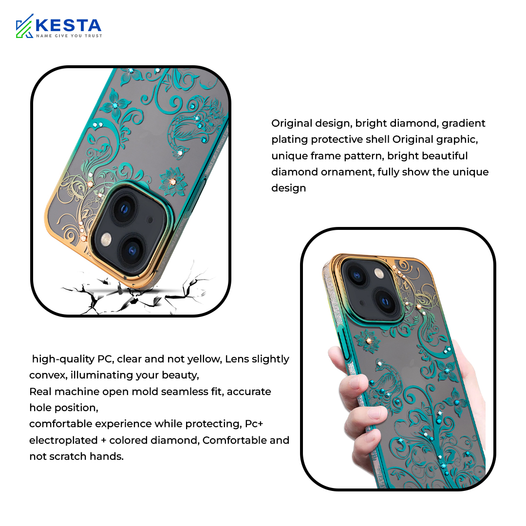 iPhone 14 Cover - Peacock Glitter Green Transparent Diamond Case (Protective Gradient Plating)