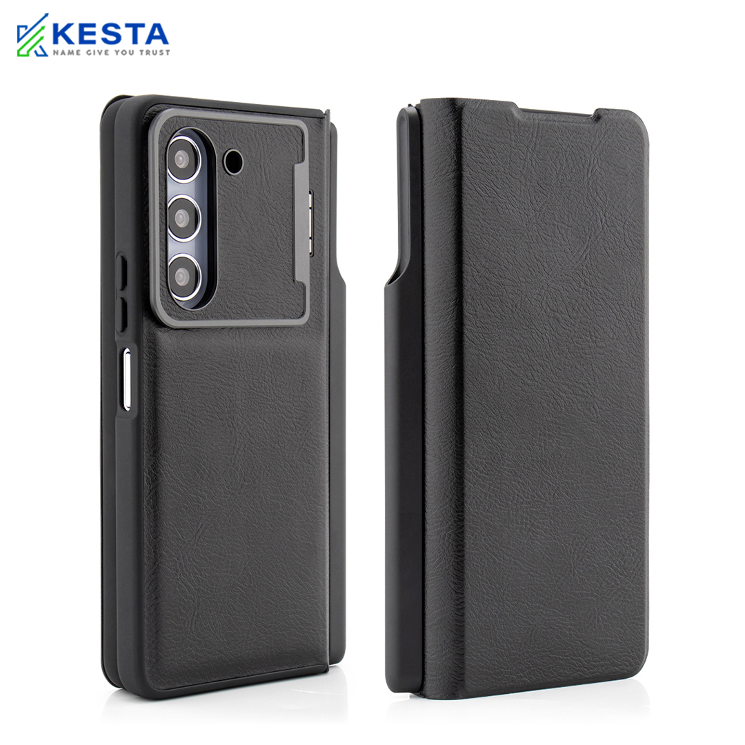 Samsung Z Fold 4 Cover - Elegant Flip Black Leather Case (With S Pen Holder)
