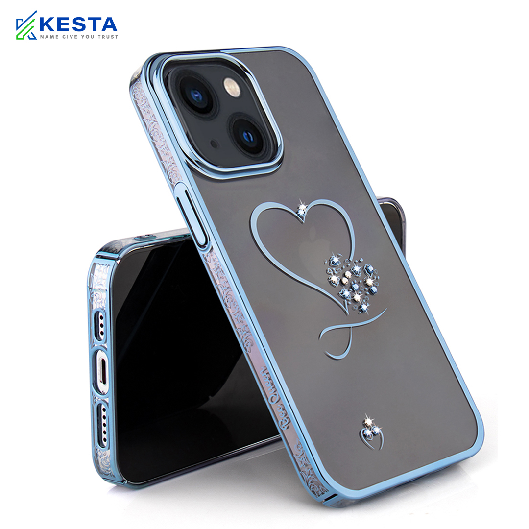 iPhone 15 Cover - Bling Heart Blue Transparent Case (Unique Frame Pattern)