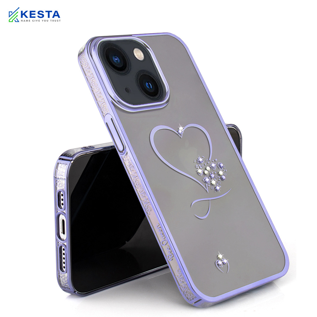 iPhone 14 Cover - Bling Heart Purple Transparent Case (Unique Frame Pattern)