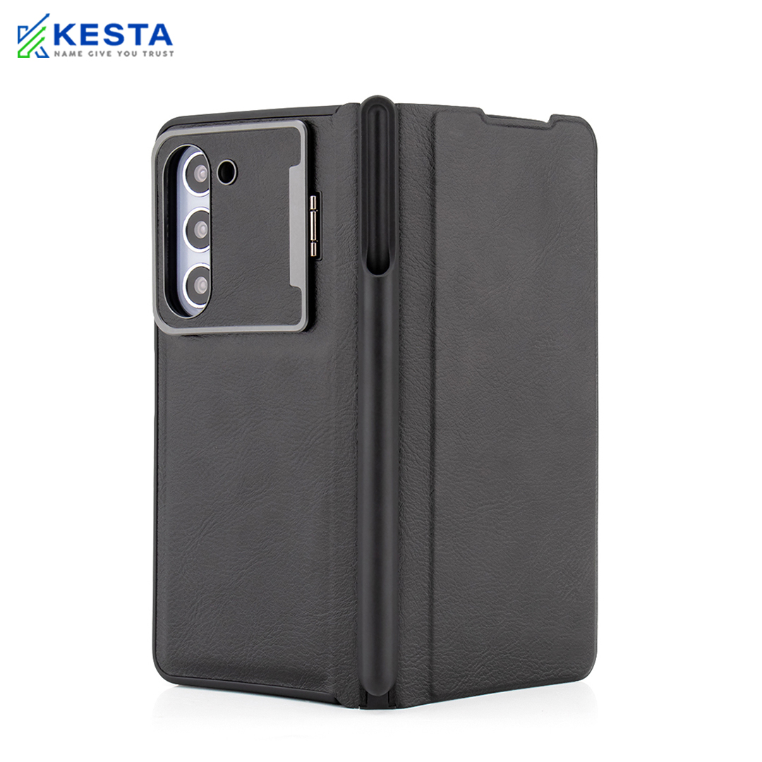 Samsung Z Fold 4 Cover - Elegant Flip Black Leather Case (With S Pen Holder)