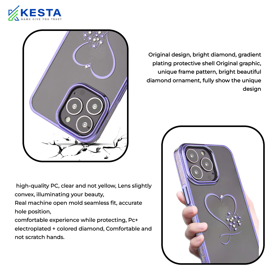 iPhone 13 Pro Max Cover - Bling Heart Purple Transparent Case