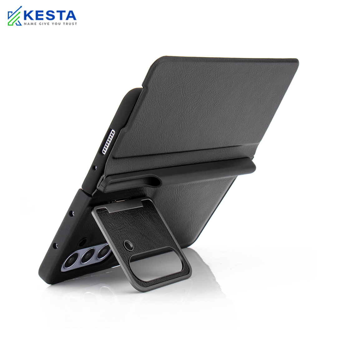 Samsung Z Fold 4 Cover - Elegant Flip Black Leather Case (With S Pen Holder)