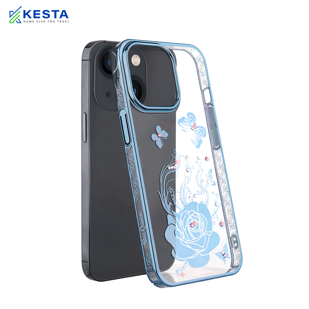 iPhone 14 Plus Cover - Bling Flower Blue Transparent Case (Diamond Ornament)