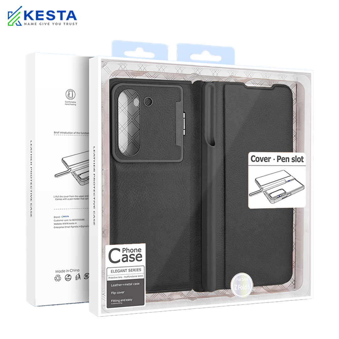 Samsung Z Fold 4 Cover - Elegant Flip Black Leather Case (With S Pen Holder)