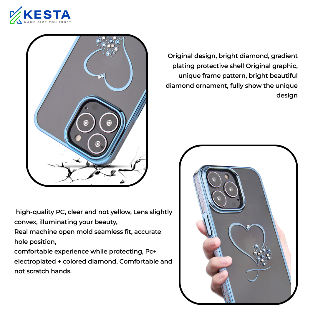 iPhone 13 Pro Max Cover - Bling Heart Blue Transparent Case (Unique Frame Pattern)