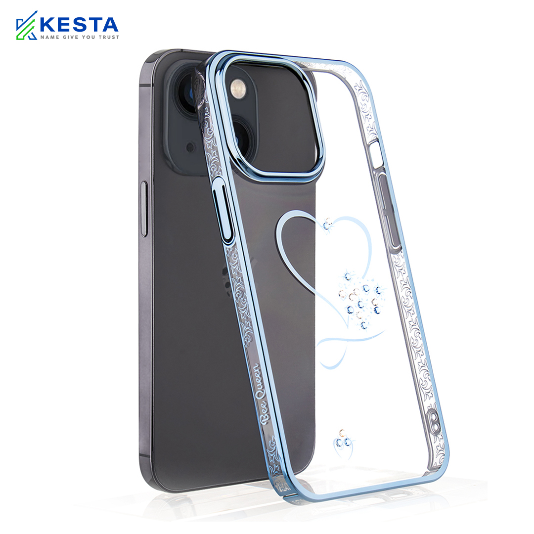iPhone 15 Cover - Bling Heart Blue Transparent Case (Unique Frame Pattern)