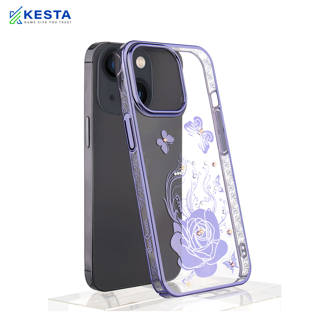 iPhone 14 Cover - Bling Flower Purple Transparent Case (Unique Design)