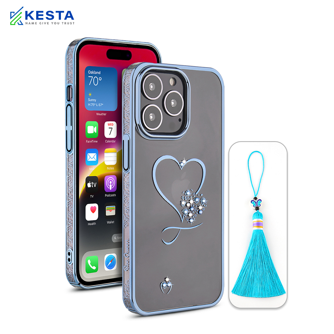 iPhone 14 Pro Cover - Bling Heart Blue Transparent Case (Unique Frame Pattren)